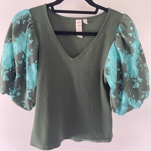 DOLAN Olive Blouse with Teal Floral Sleeves
